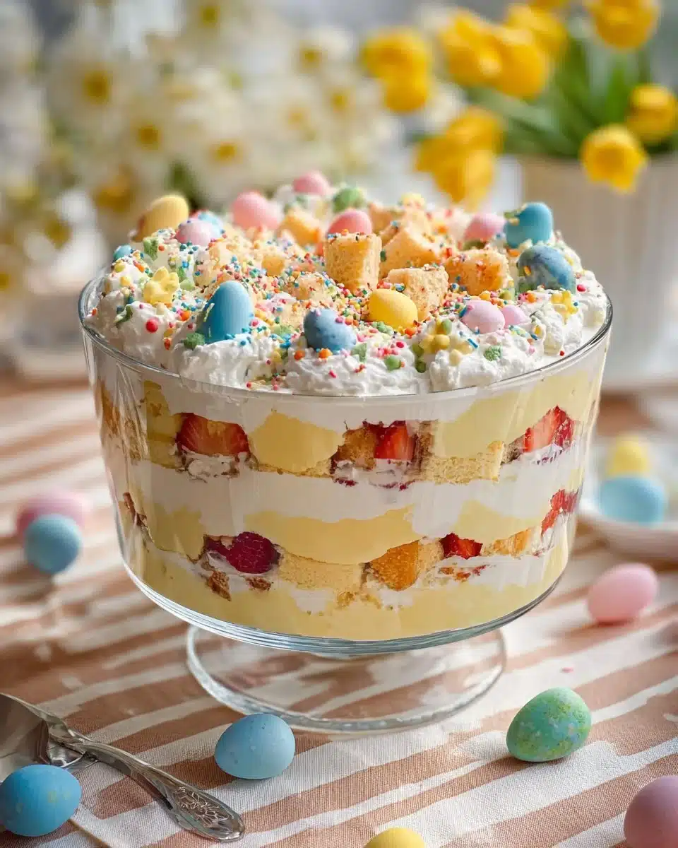 Colorful Easter Trifle dessert with layers of cake, custard, and fruits
