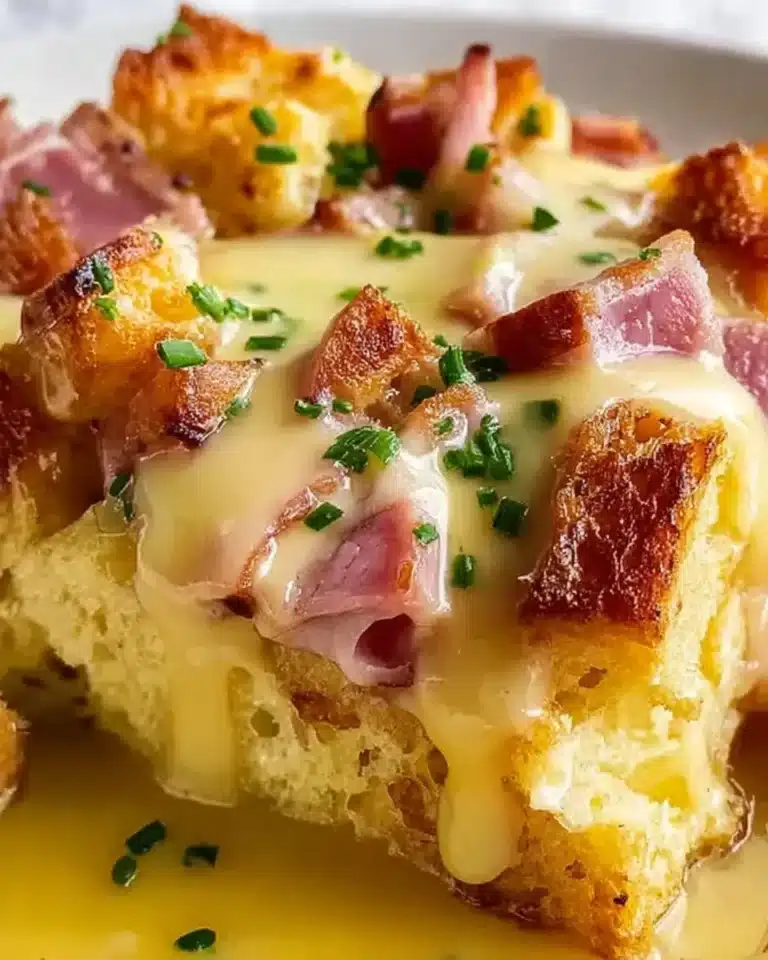 Delicious Eggs Benedict Casserole topped with creamy hollandaise sauce