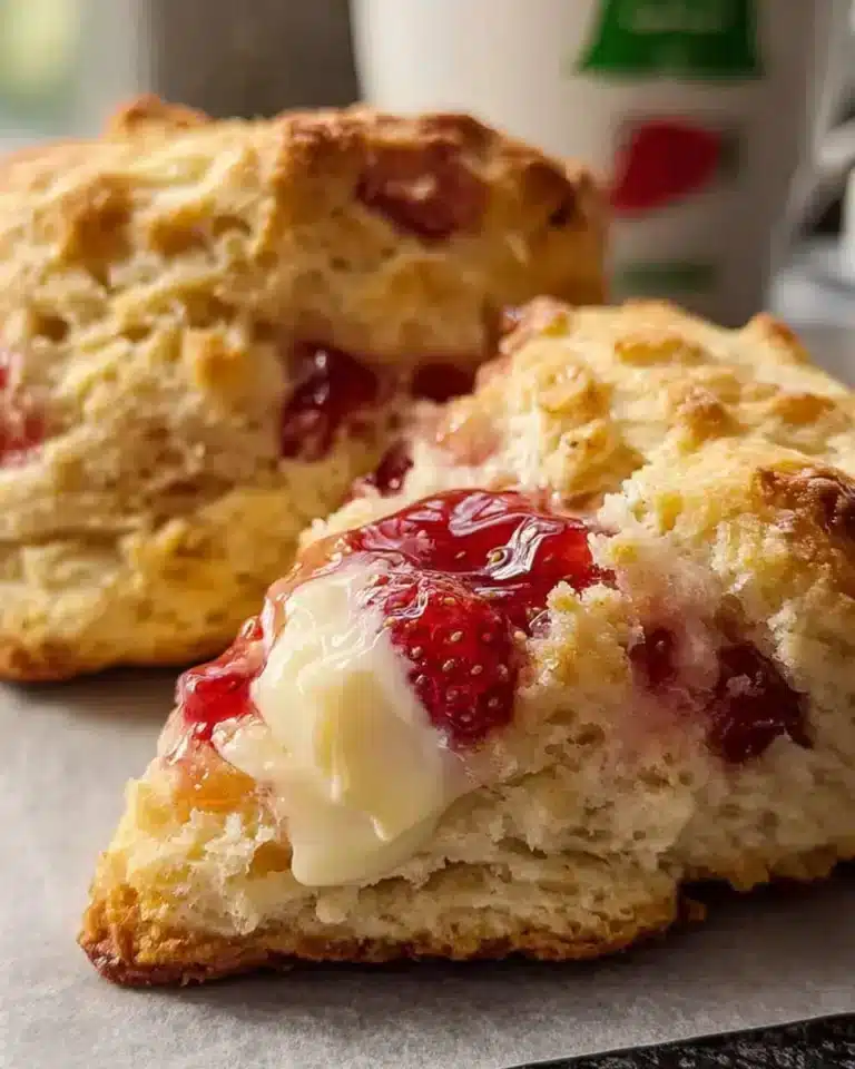 Freshly baked English scones with a golden crust and jam served on a plate