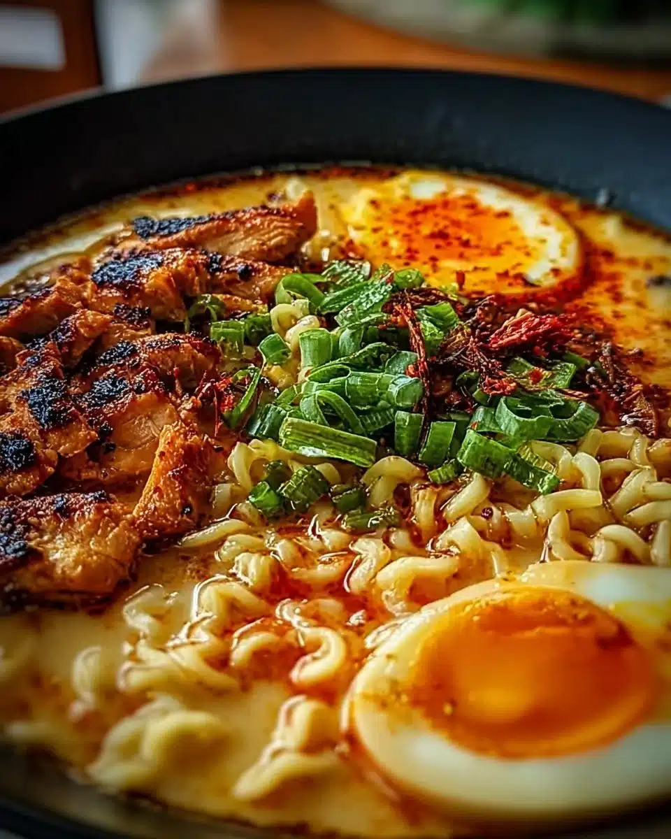 Bowl of Fiery Chicken Ramen topped with spicy ingredients and garnishes