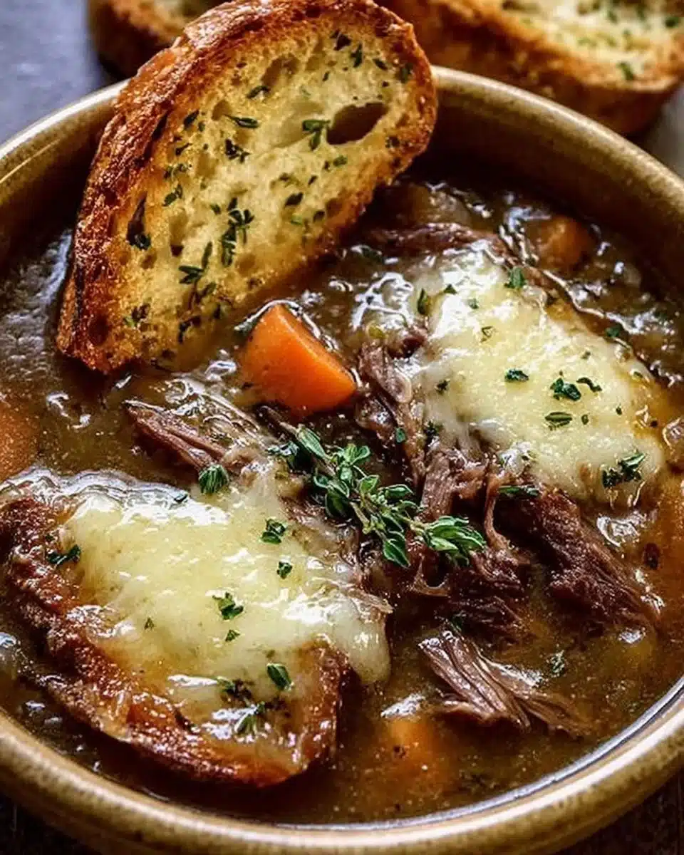Bowl of French Onion Beef Short Rib Soup garnished with herbs and cheese