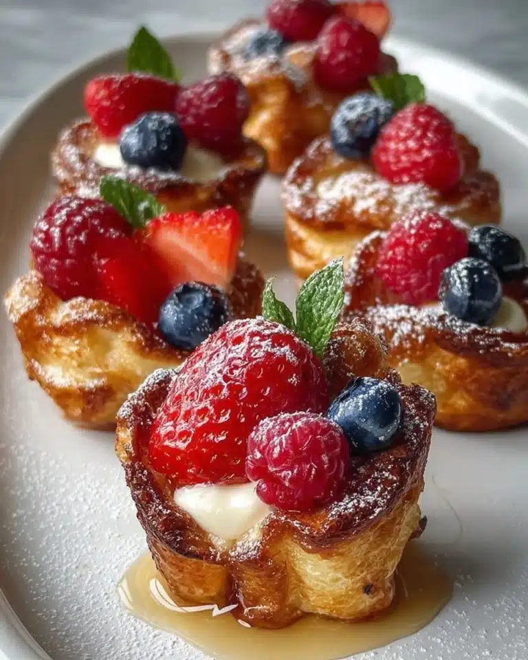 Deliciously baked French Toast Cups with syrup and berries