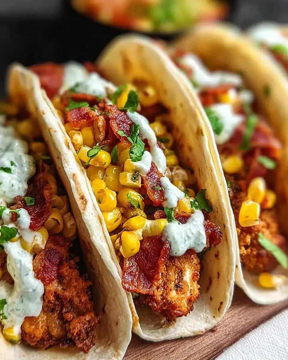 Fried chicken street corn tacos with vibrant toppings and garnishes