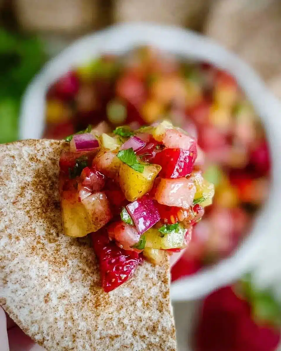 Colorful fruit salsa served with crispy cinnamon chips