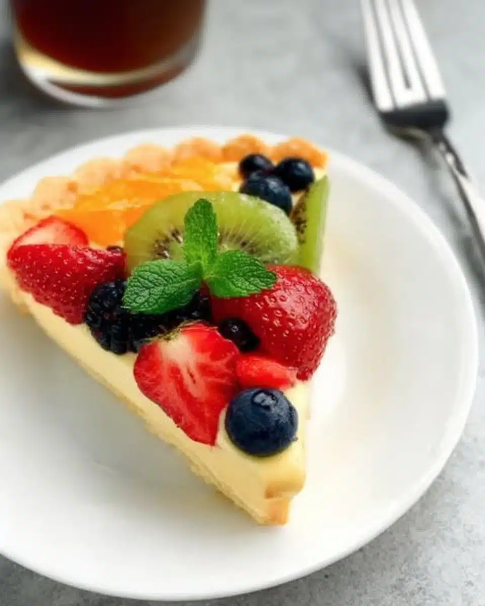 Fruit tart topped with vibrant fresh fruits and vanilla custard