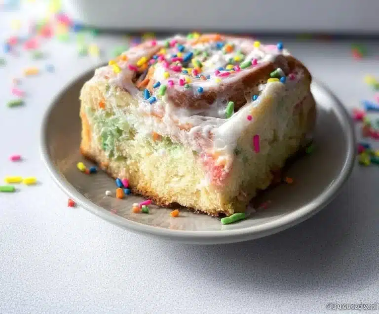 Delicious Funfetti Cinnamon Rolls topped with colorful sprinkles and icing