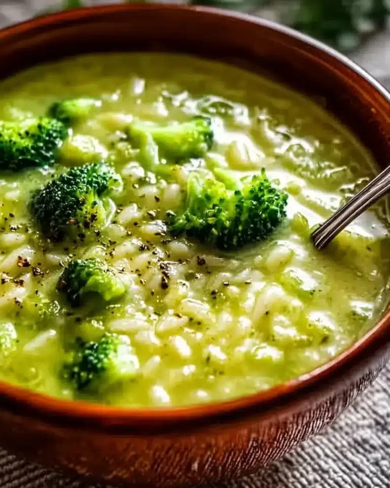 A bowl of Garlic Italian Broccoli Soup garnished with fresh herbs.