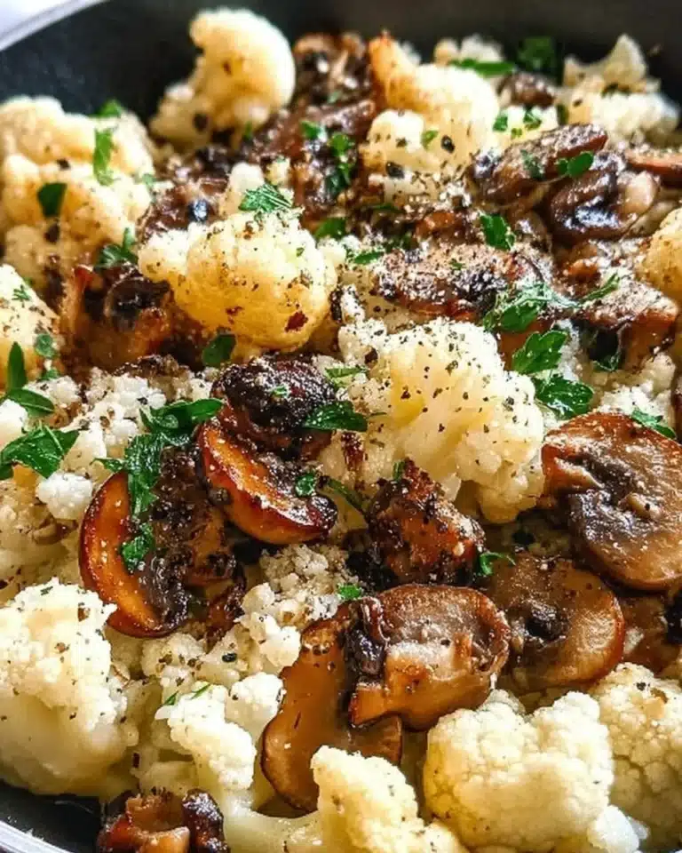 Delicious Garlic Mushroom Skillet with Cauliflower served in a skillet dish.