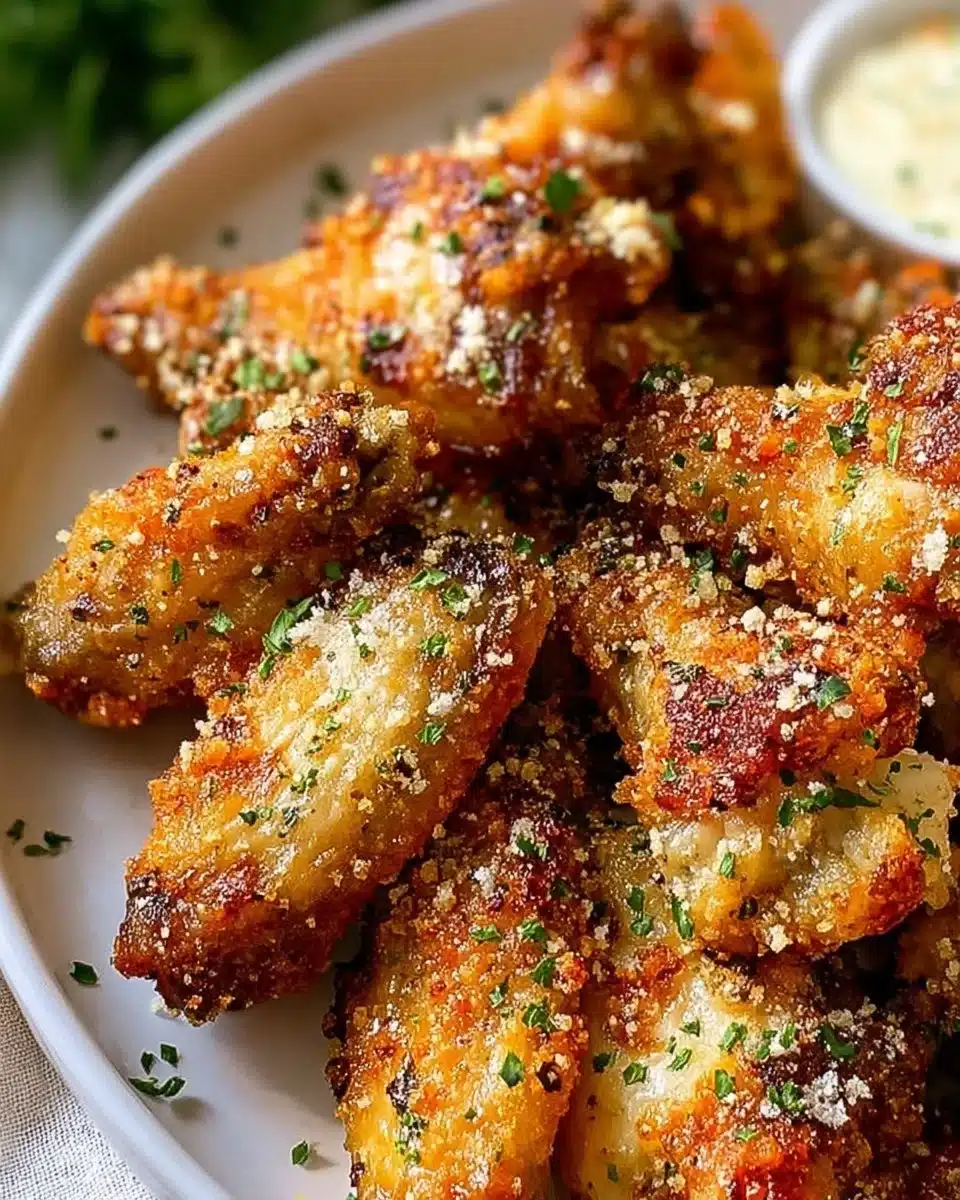 Crispy Garlic Parmesan Chicken Wings garnished with parsley