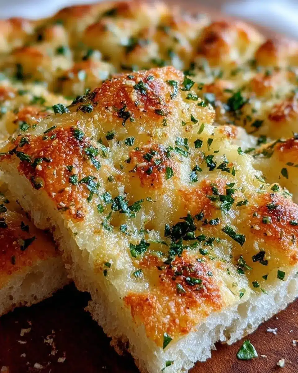 Freshly baked Garlic Parmesan Focaccia bread topped with herbs and garlic.