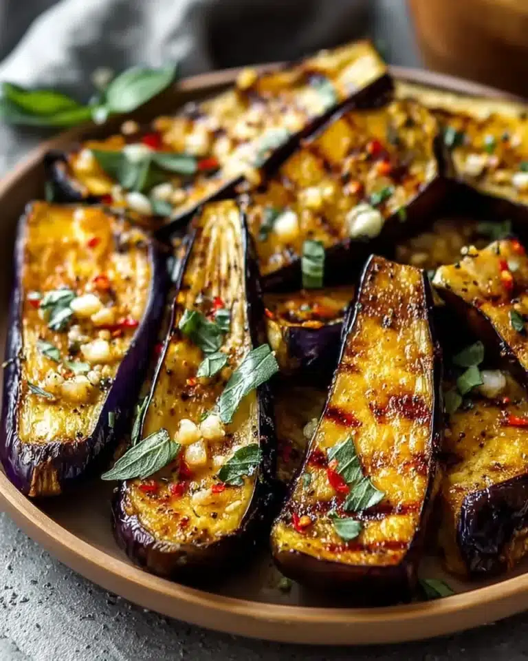 Plate of garlic roasted eggplant garnished with herbs