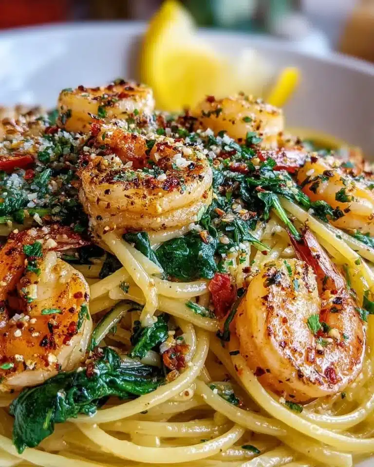 Delicious Garlic Shrimp & Spinach Linguine with fresh ingredients and vibrant colors.
