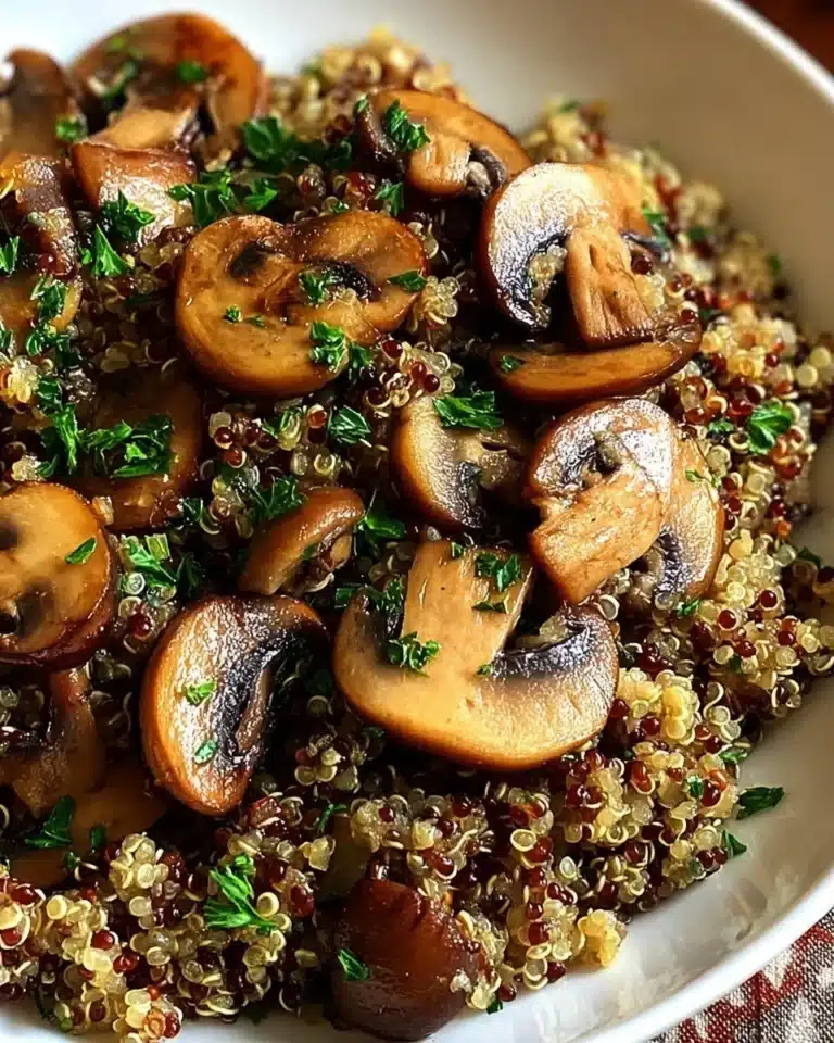 Garlicky mushroom quinoa dish served in a bowl with fresh herbs