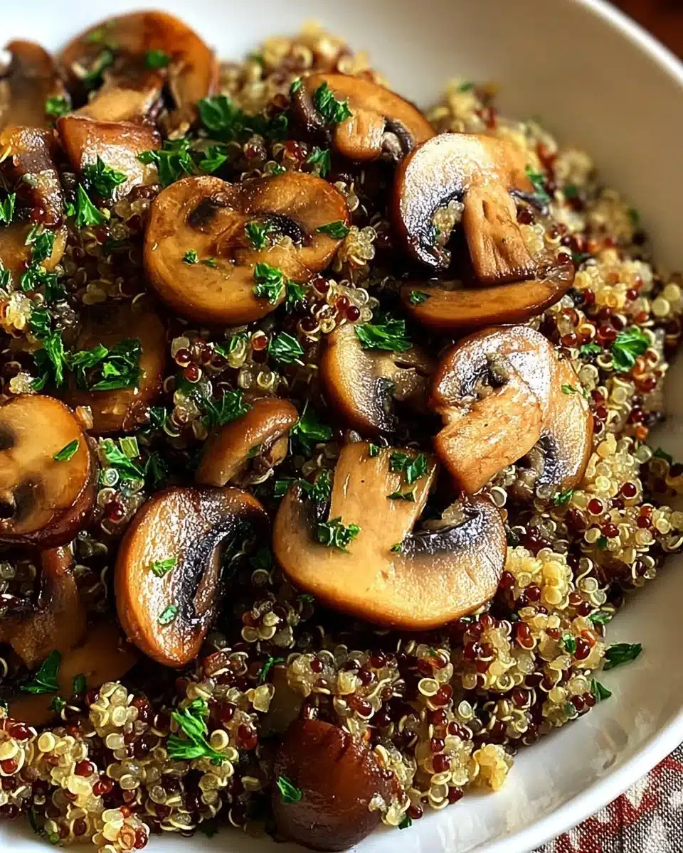 Garlicky mushroom quinoa dish served in a bowl with fresh herbs