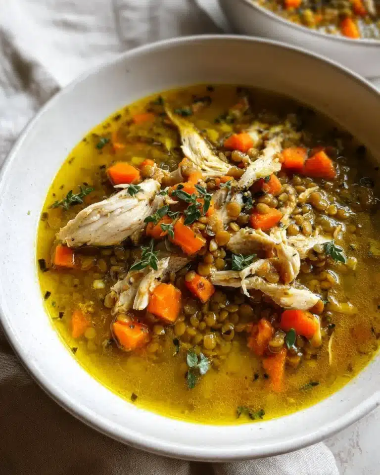Bowl of golden chicken and lentil soup garnished with fresh herbs.