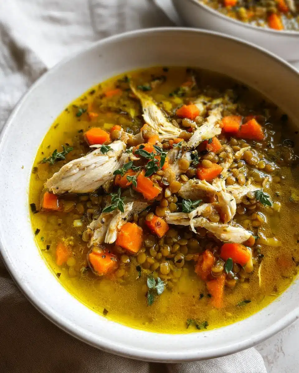 Bowl of golden chicken and lentil soup garnished with fresh herbs.