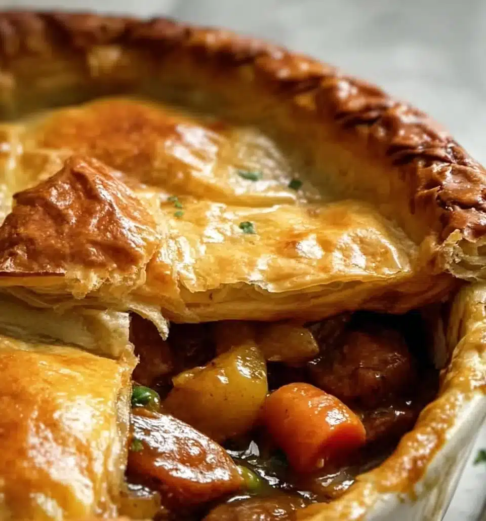 Golden Irish stew topped with flaky puff pastry in a rustic bowl.