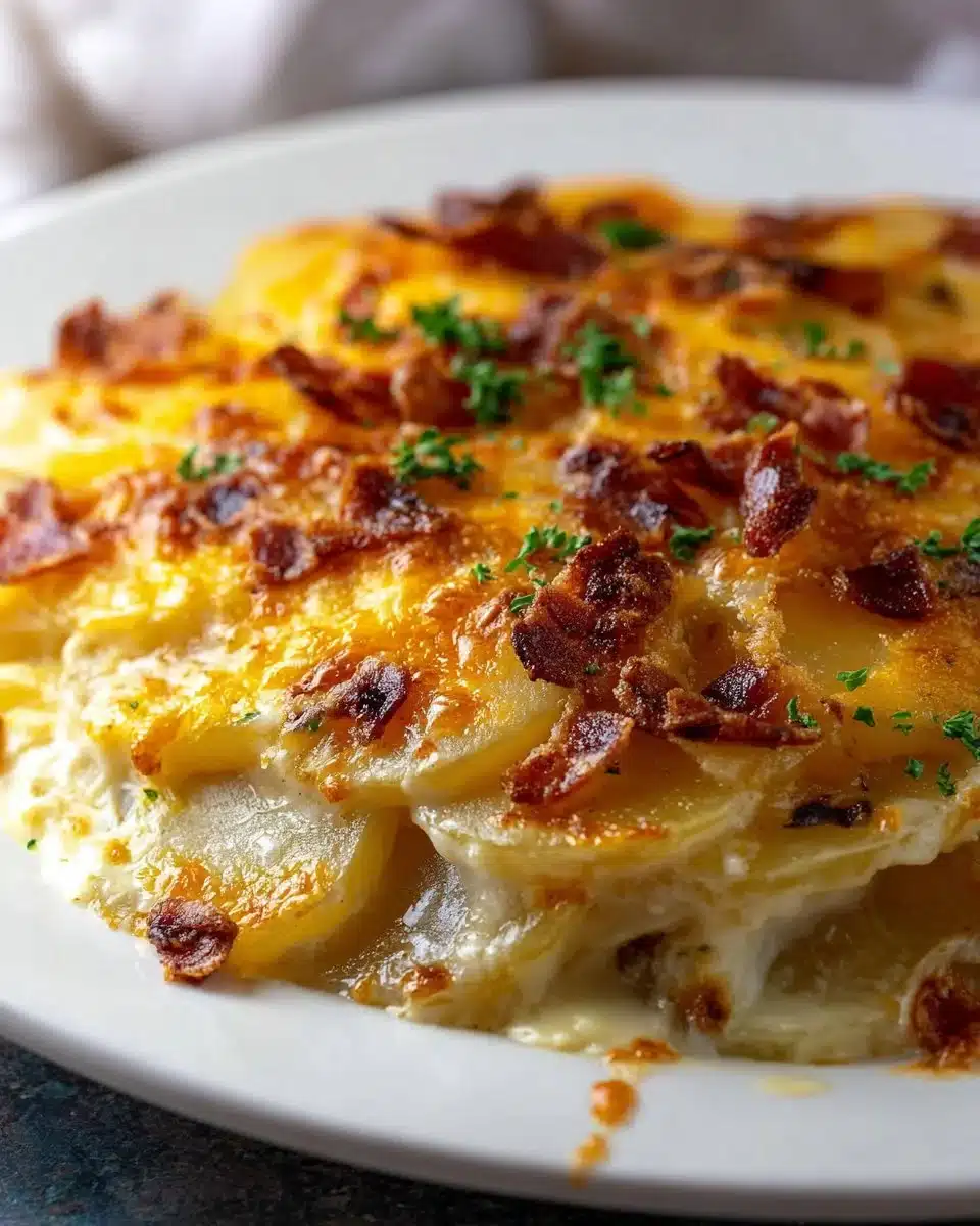 Deliciously baked gratin potatoes with layers of cheese and creamy sauce