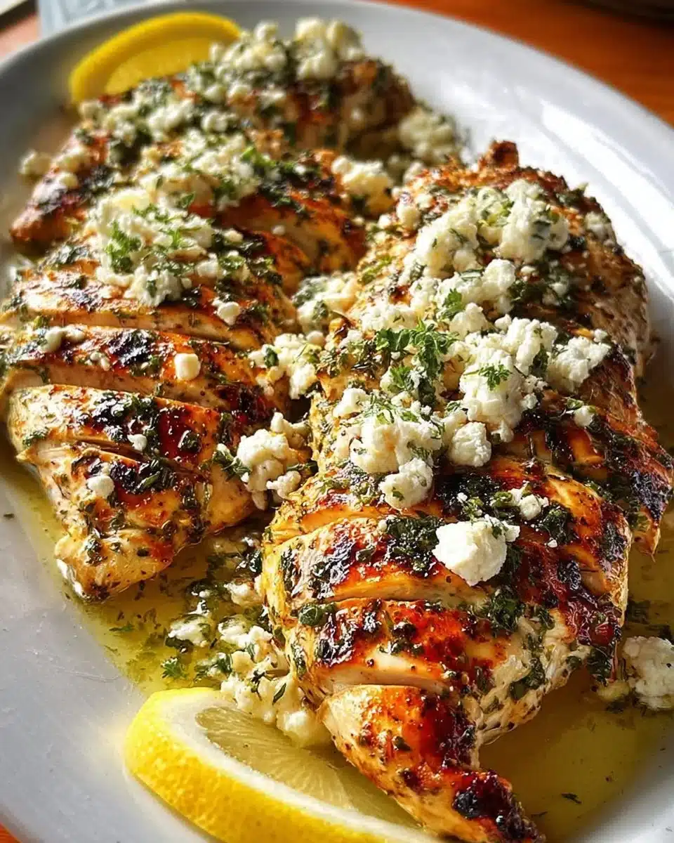 Greek Chicken Lemon Feta dish garnished with lemon and feta cheese