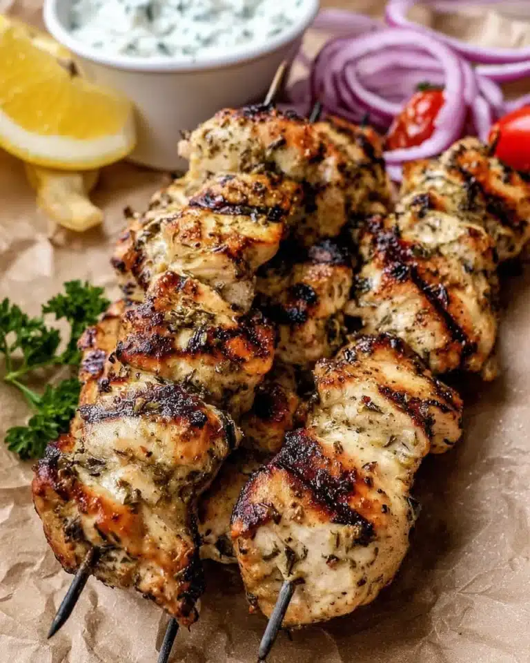 Grilled Greek Chicken Skewers with fresh vegetables and spices
