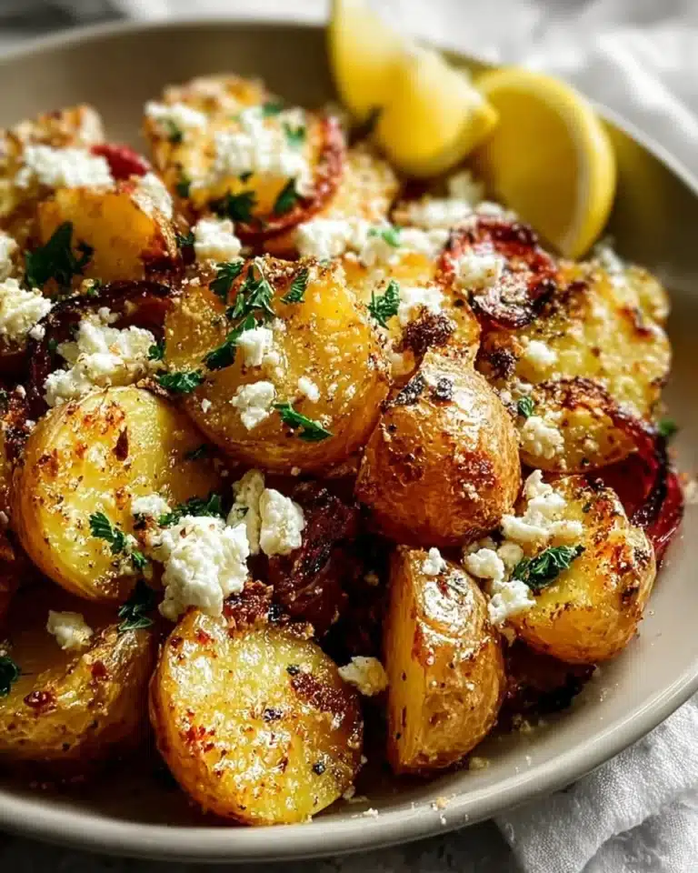 Greek Feta Roast Potatoes garnished with herbs in a baking dish