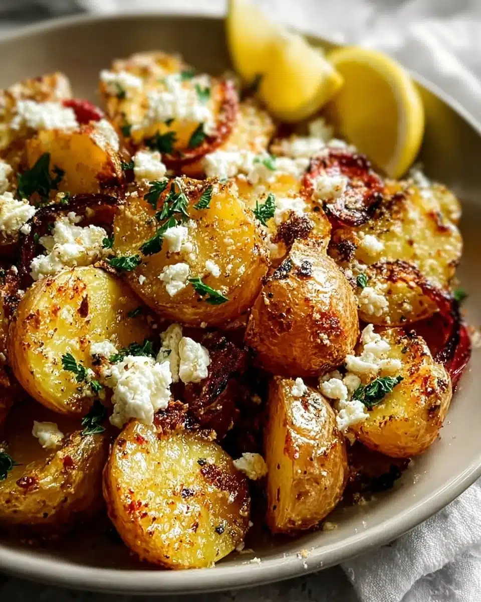 Greek Feta Roast Potatoes garnished with herbs in a baking dish