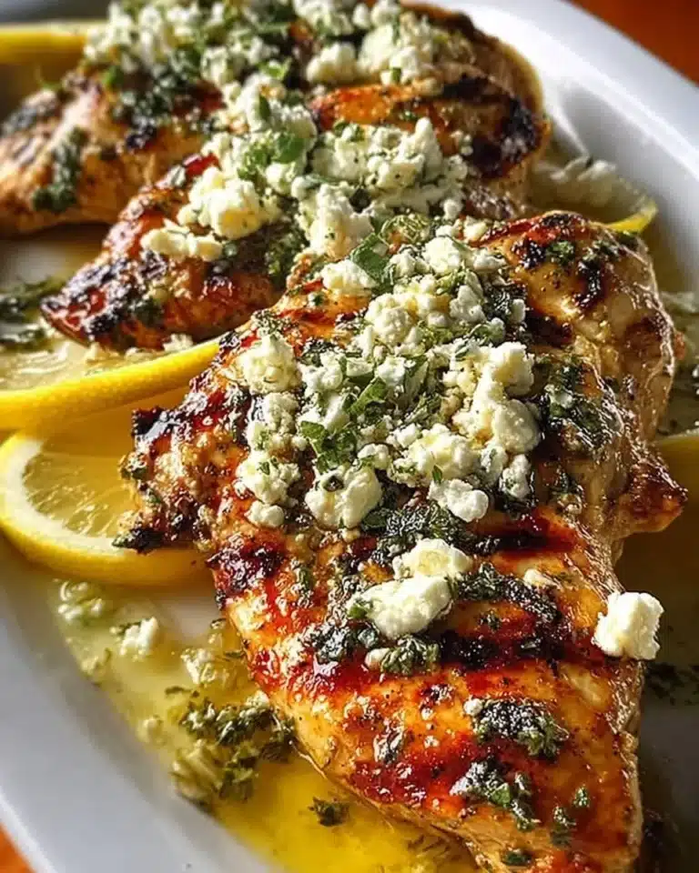 Delicious Greek lemon feta chicken garnished with herbs and lemon slices