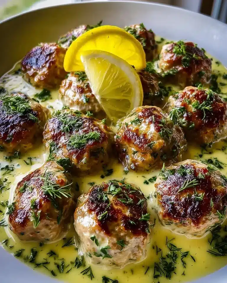 Plate of Greek meatballs in lemon sauce with garnishes