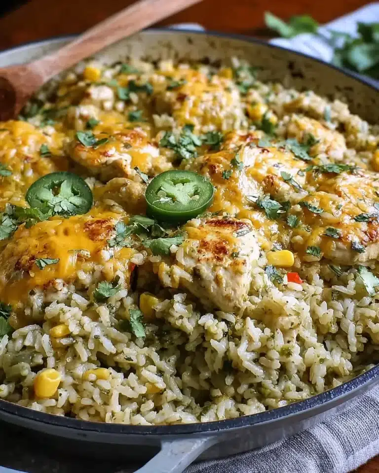 Green Sauce Chicken served over rice in a skillet for a quick meal.