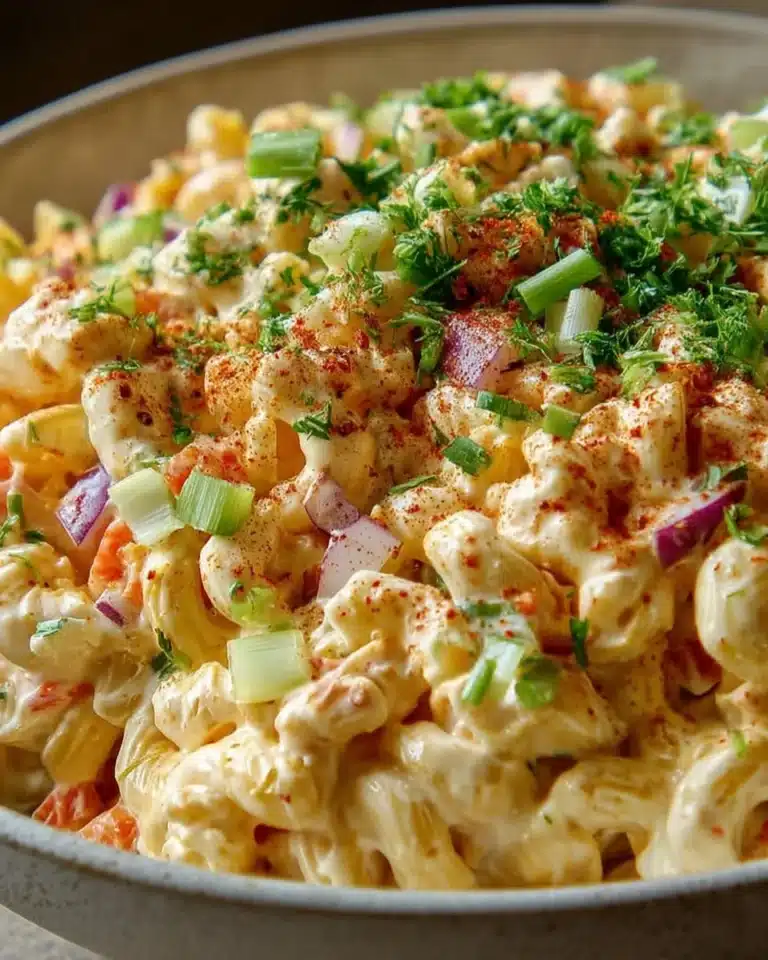 Guy Fieri-style macaroni salad with colorful ingredients and dressing.
