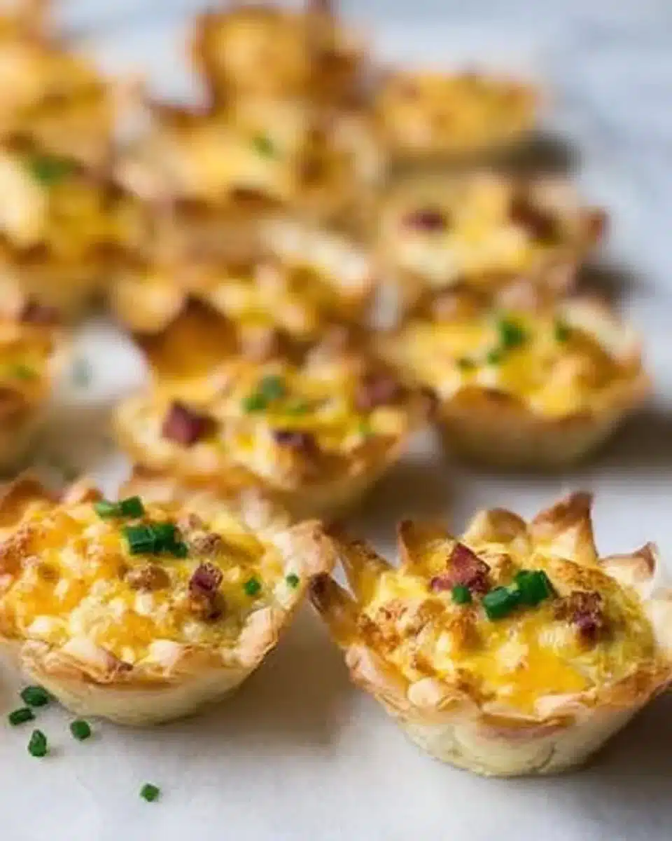 Ham and cheese mini quiches arranged on a serving platter