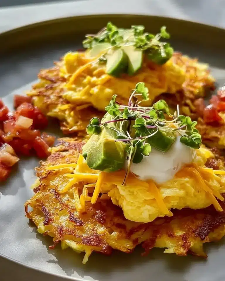 Hash browns served with scrambled eggs on a plate for breakfast