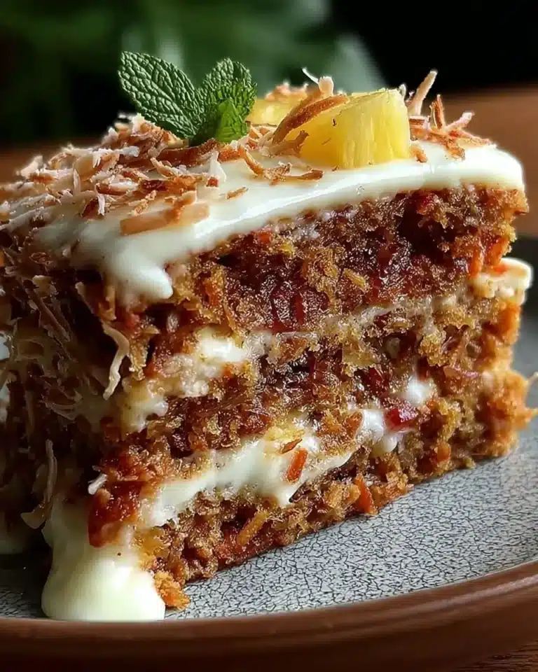 Hawaiian Carrot Pineapple Cake with cream cheese frosting and tropical garnishes
