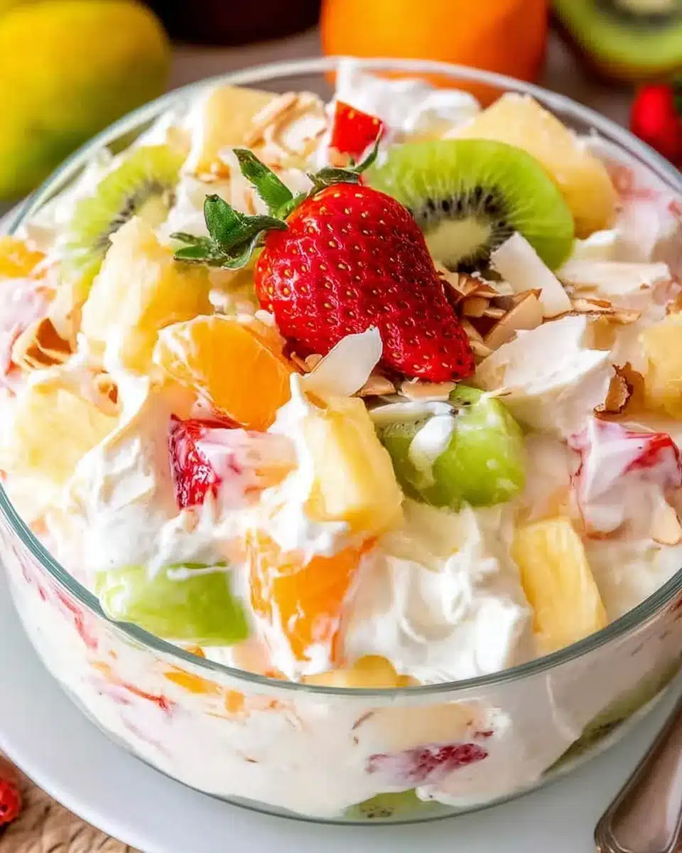 Delicious Hawaiian Cheesecake Salad with tropical fruit and creamy texture.