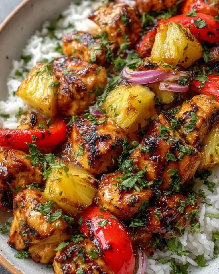 A vibrant Hawaiian chicken sheet pan dish with colorful vegetables and pineapple