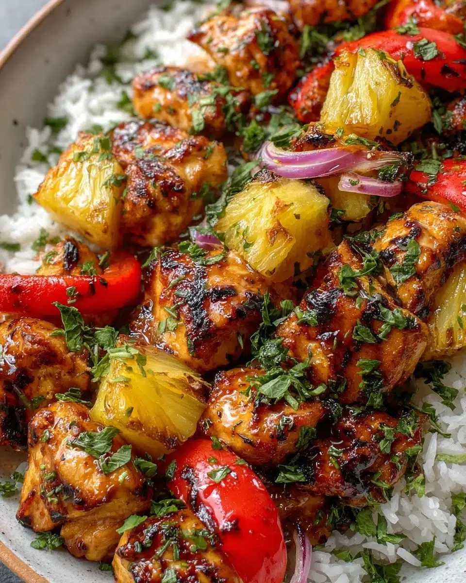 A vibrant Hawaiian chicken sheet pan dish with colorful vegetables and pineapple
