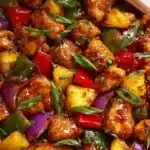 Hawaiian Chicken Sheet Pan meal with vibrant vegetables and pineapple