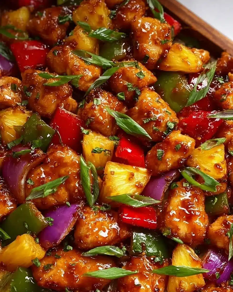 Hawaiian Chicken Sheet Pan meal with vibrant vegetables and pineapple