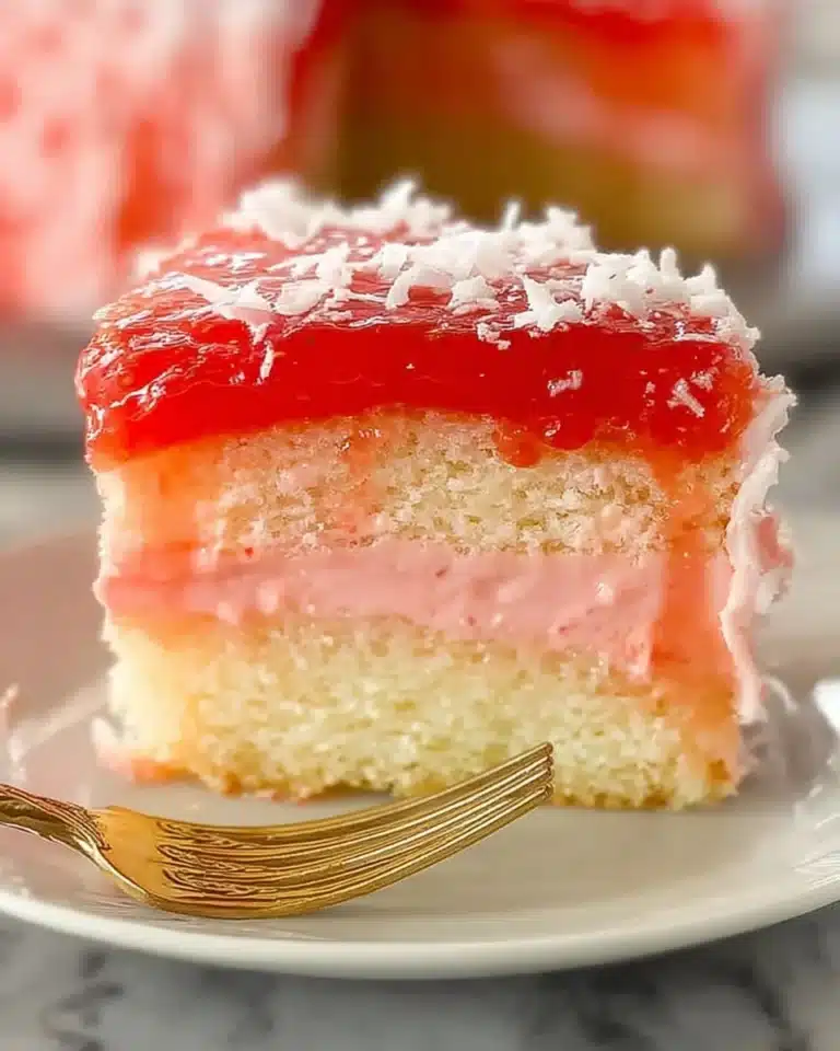 Sliced Hawaiian Guava Cake topped with fresh guava and coconut flakes.