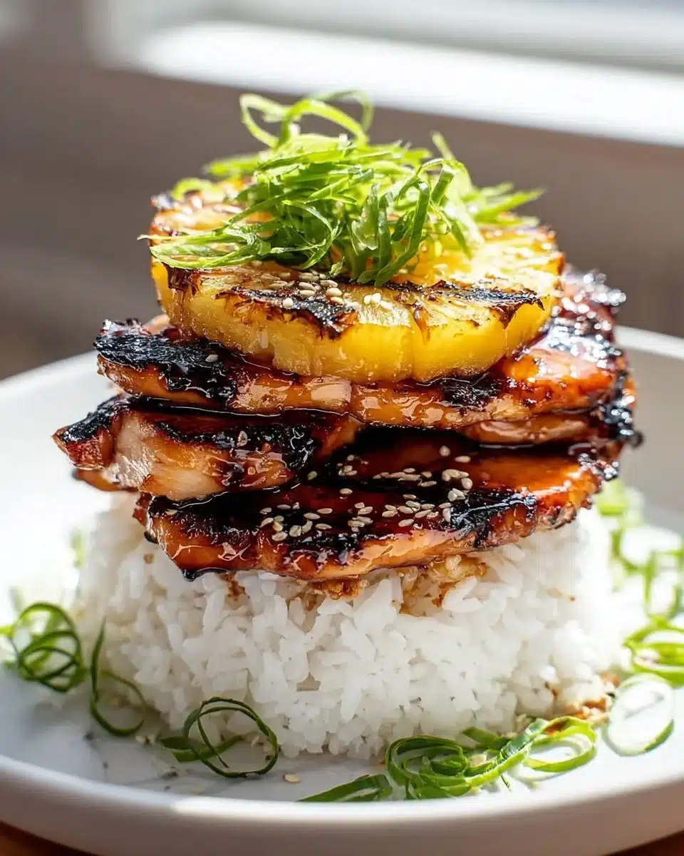 Huli Huli Chicken Stack with colorful toppings and grilled chicken
