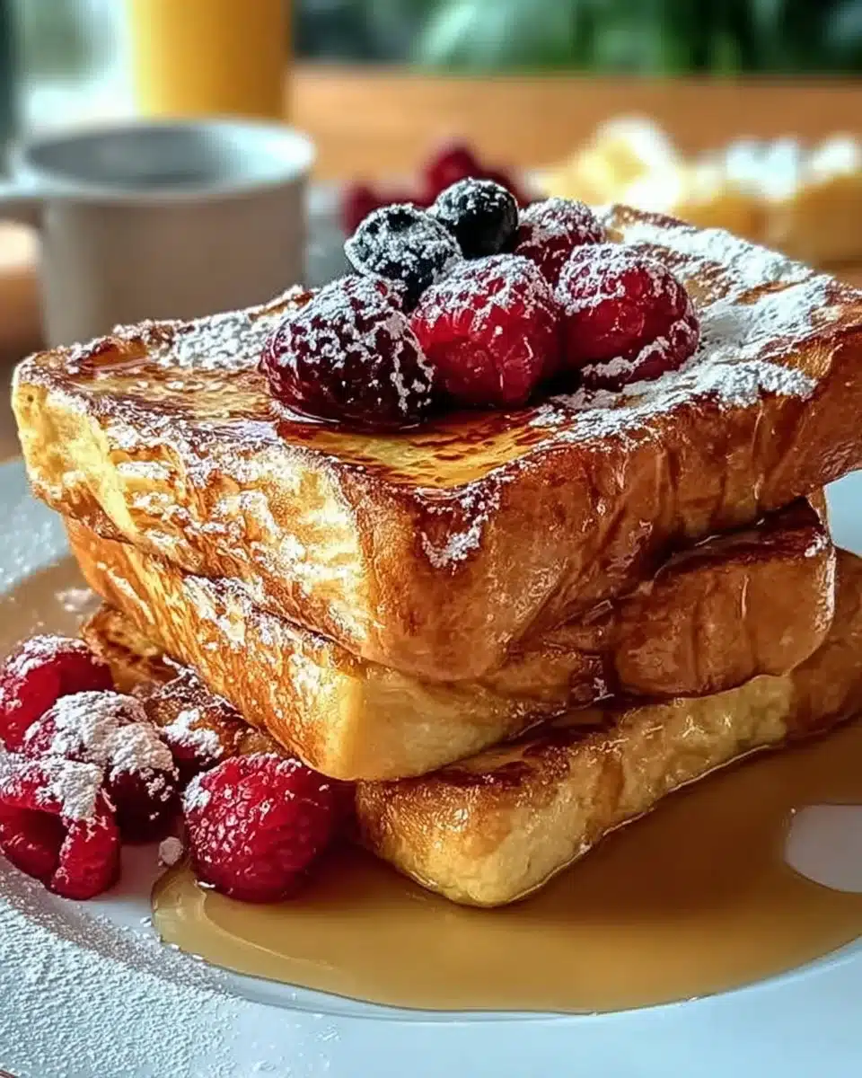 Delicious Hawaiian Roll French Toast topped with syrup and fresh fruit.