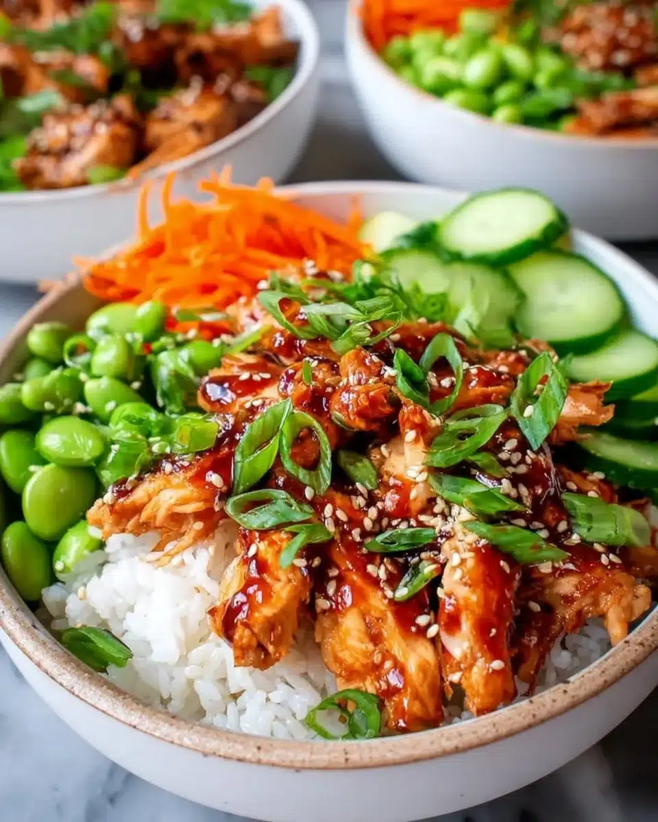 Healthy sticky chicken bowls topped with fresh vegetables and sauces