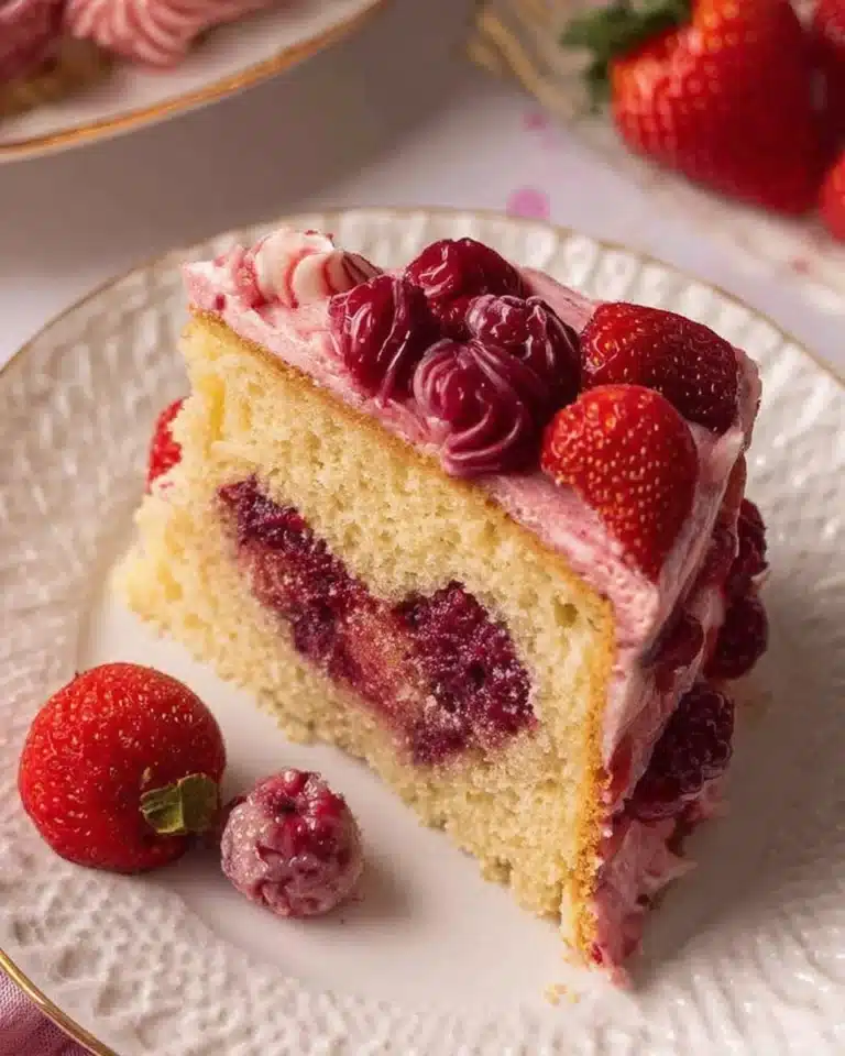 Delicious heart-shaped berry cake decorated with fresh berries