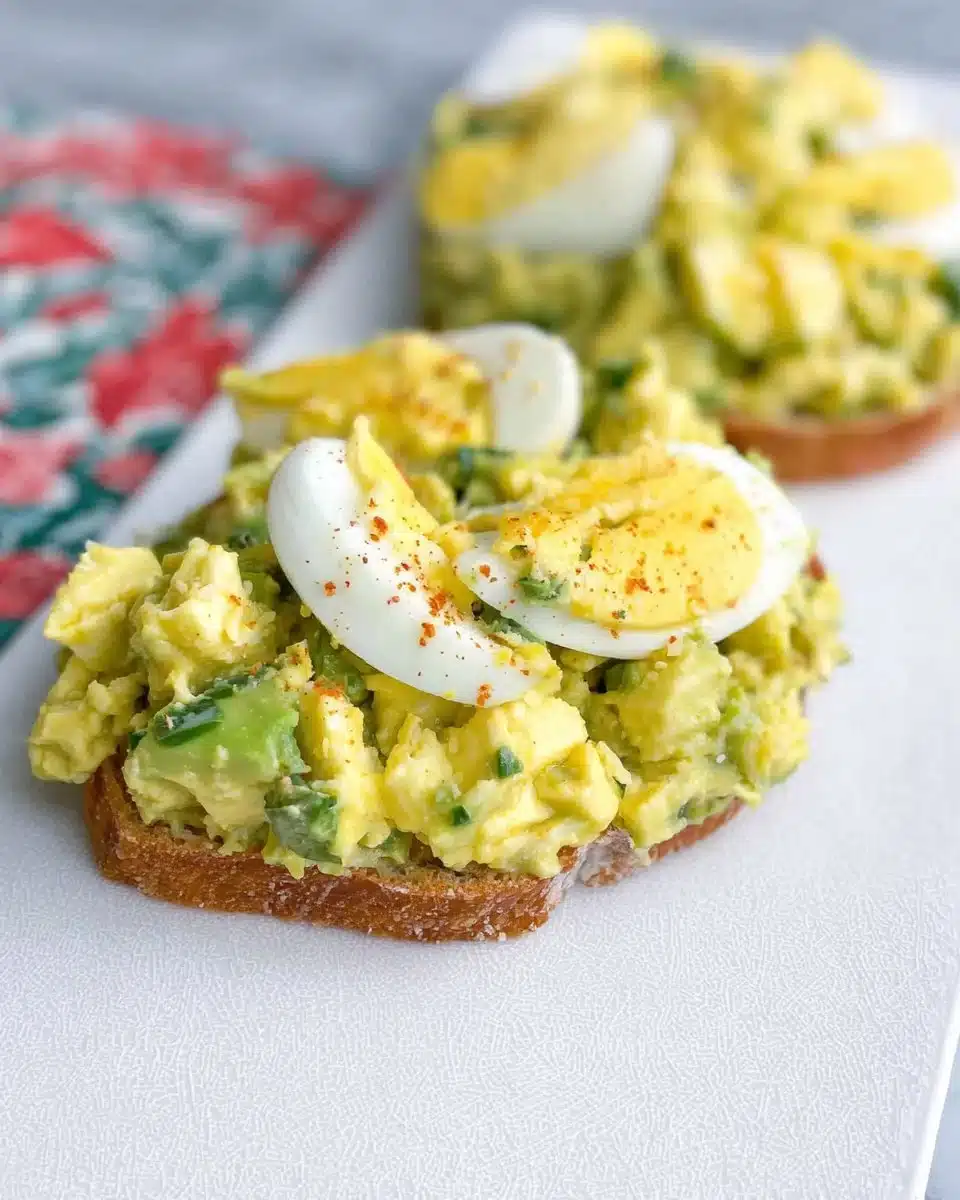 High protein avocado egg salad in a bowl with fresh ingredients