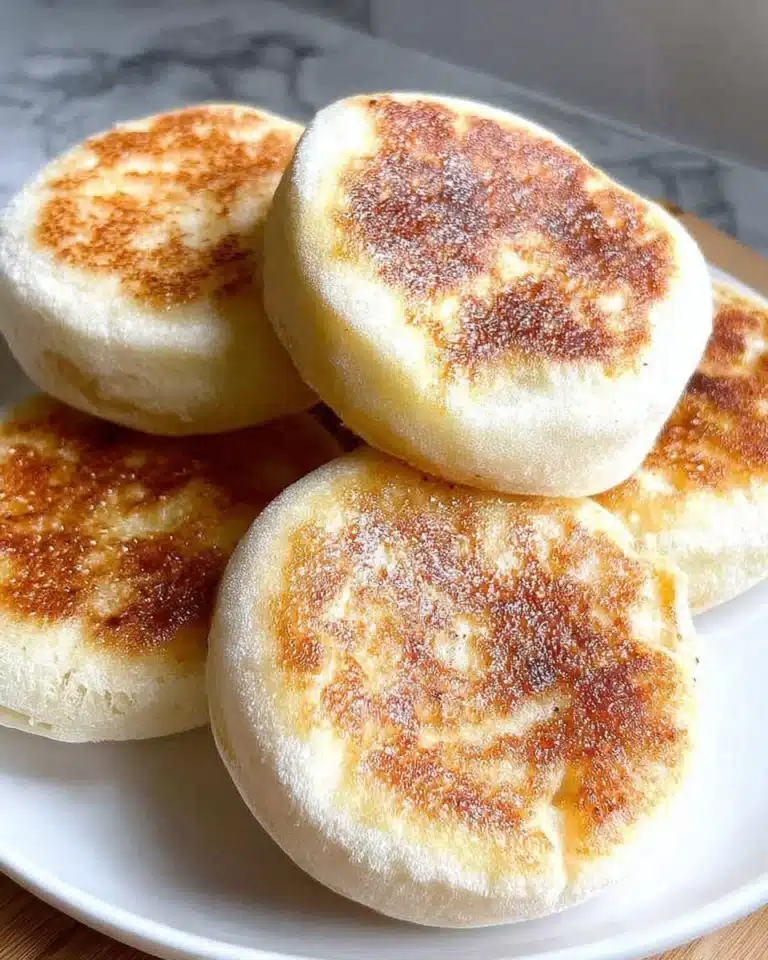 Freshly baked homemade English muffins cooling on a wire rack.