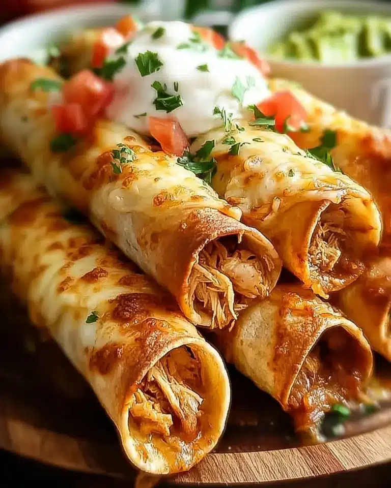 Plate of golden homemade flautas garnished with fresh toppings