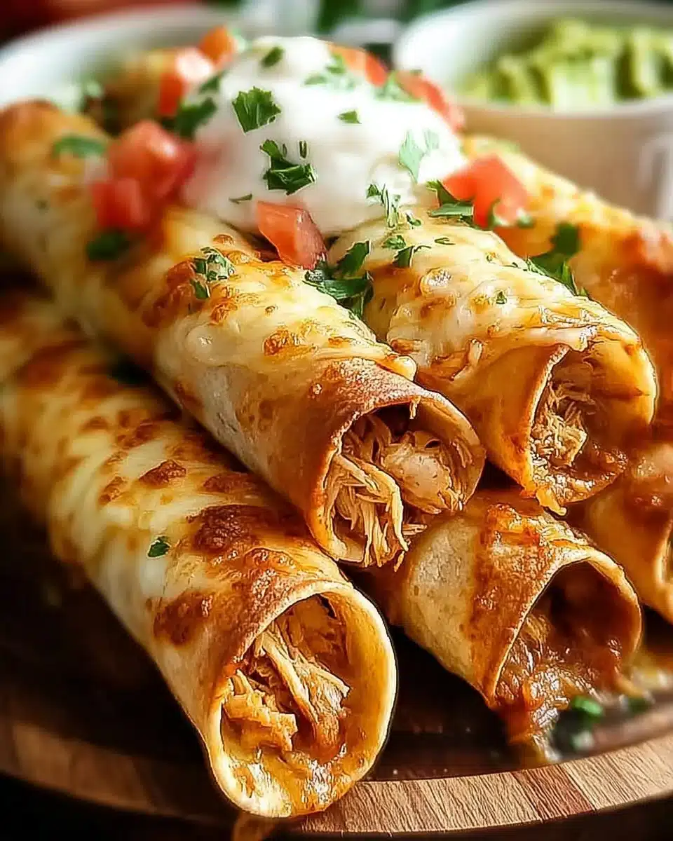 Plate of golden homemade flautas garnished with fresh toppings