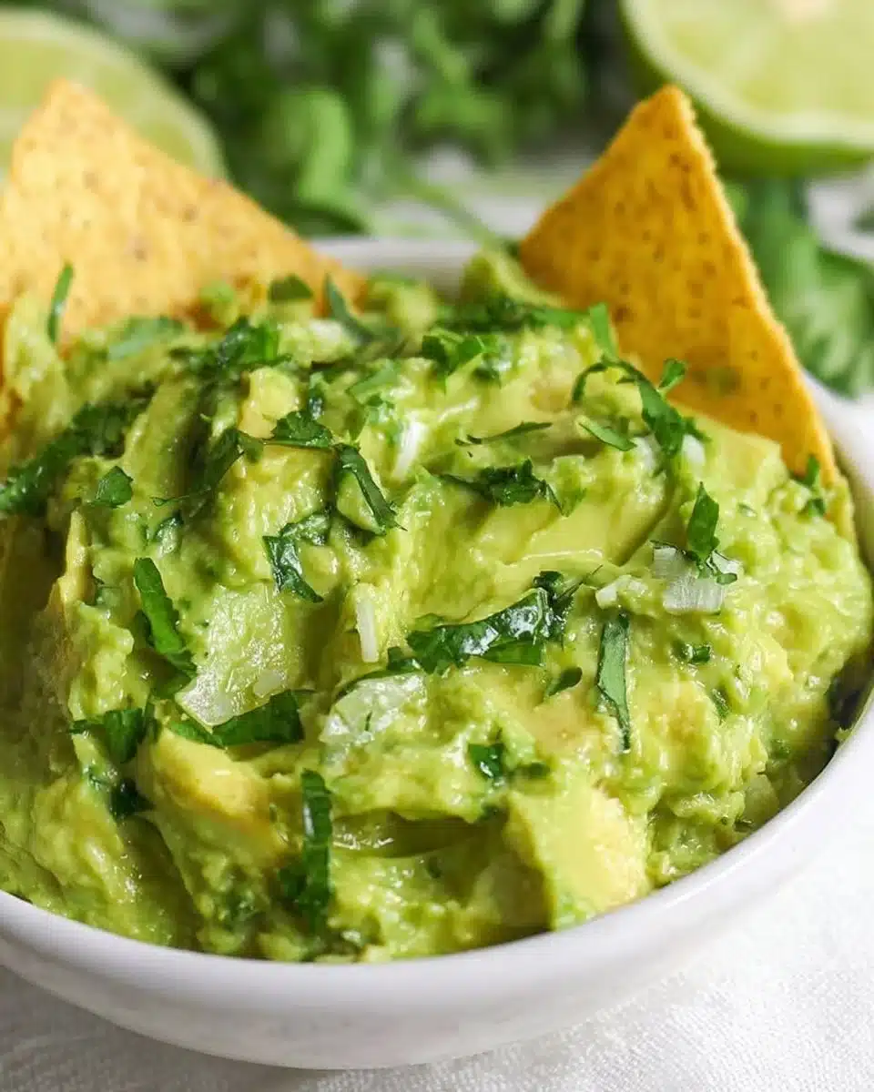 Bowl of fresh homemade guacamole with tortilla chips on the side
