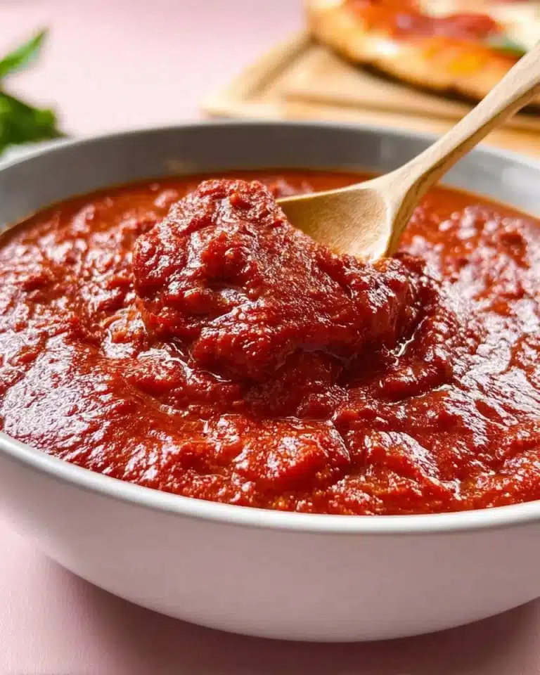 Homemade pizza sauce in a bowl with fresh ingredients.