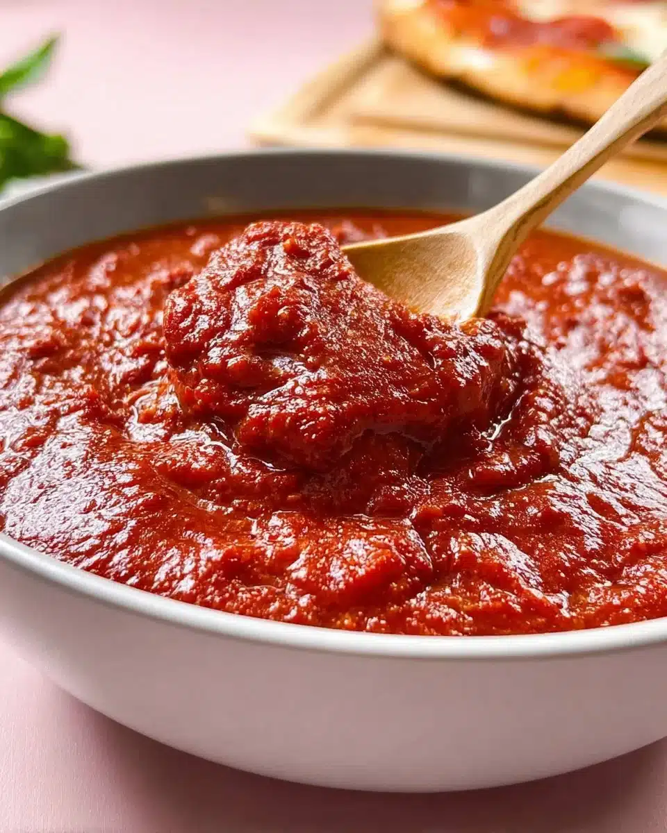 Homemade pizza sauce in a bowl with fresh ingredients.
